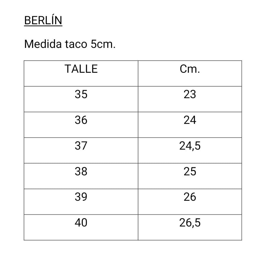 guía de talles sandalia Berlín